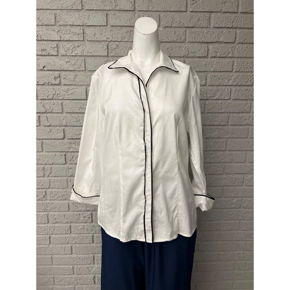 Jones New York White Button Down Shirt with Black Trim